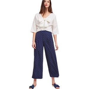 EVIDNT Navy Blue Polka Dot Cropped Wide Leg Summer Lightweight Pleated Pants M